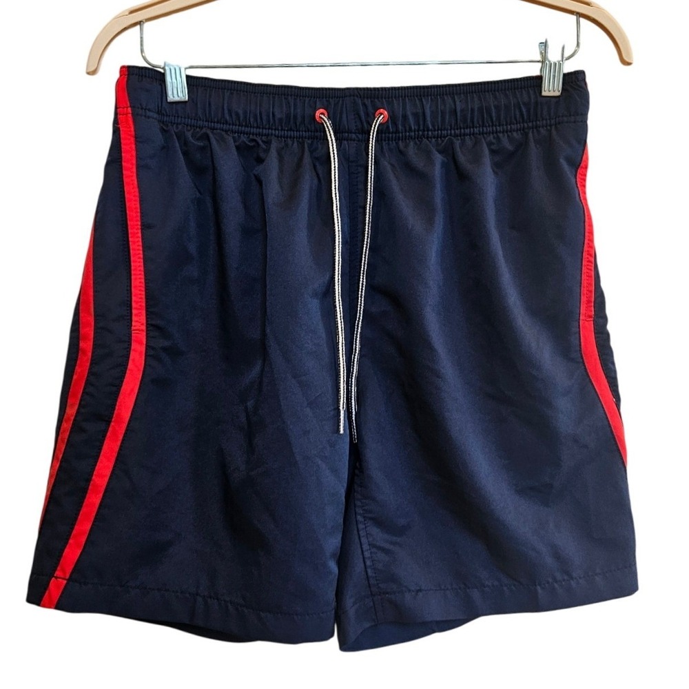 Speedo Mens Navy Blue Red Striped Swim Trunks Mesh Lined Board Shorts Medium